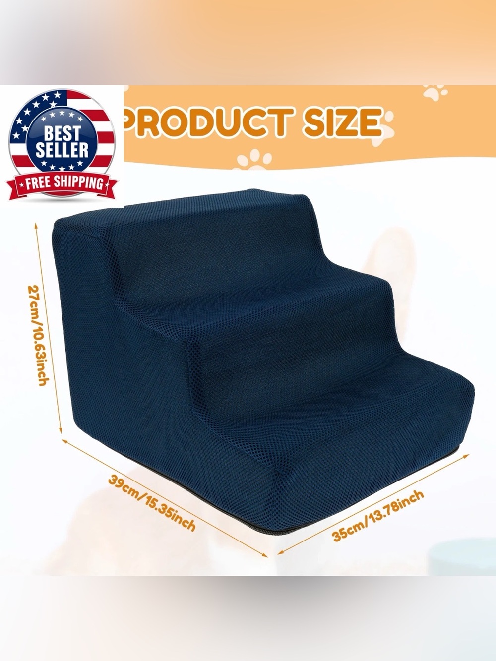 🐾Navy Blue Pet 3-Step Stairs with Non-Slip Cover
